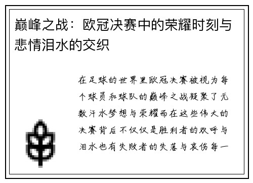 巅峰之战：欧冠决赛中的荣耀时刻与悲情泪水的交织