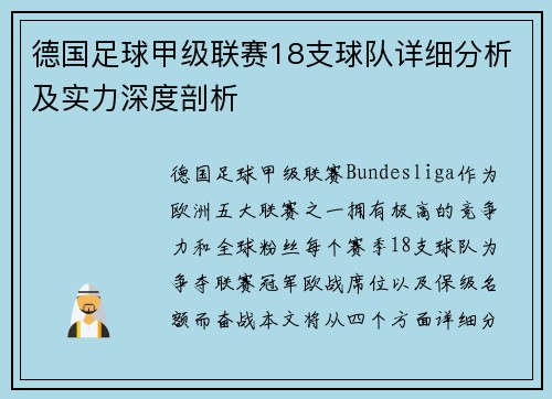 德国足球甲级联赛18支球队详细分析及实力深度剖析